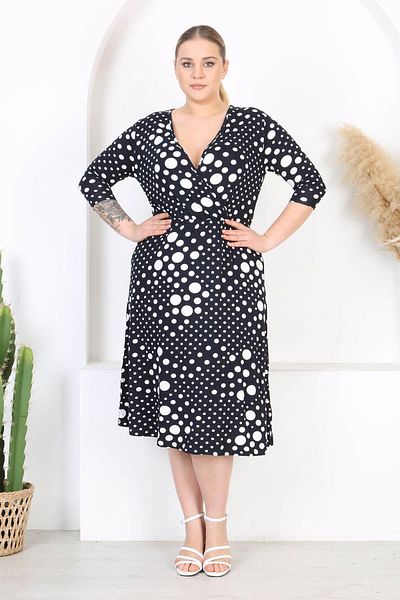 Madwilo Women's Navy Blue Polka Dot Pattern Double Breasted Neckline Stretchy Waist Plus Size Dress