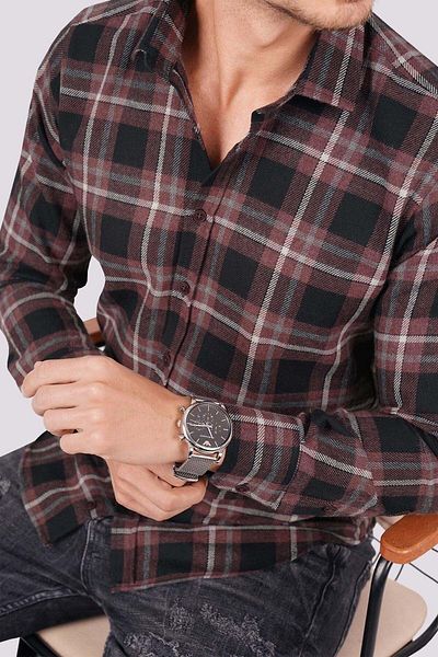 Etikmen Μπορντό Λευκό Ριγέ Slimfit Ξυλοκόπος Πουκάμισο