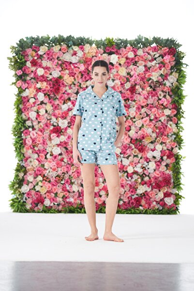 Estiva Women's Summer Heart Patterned Front Buttoned Shorts Combed Cotton Lyc...