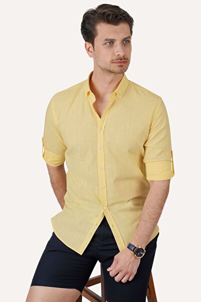 Etikmen Sárga galléros gombos lenvászon Slimfit férfi ing