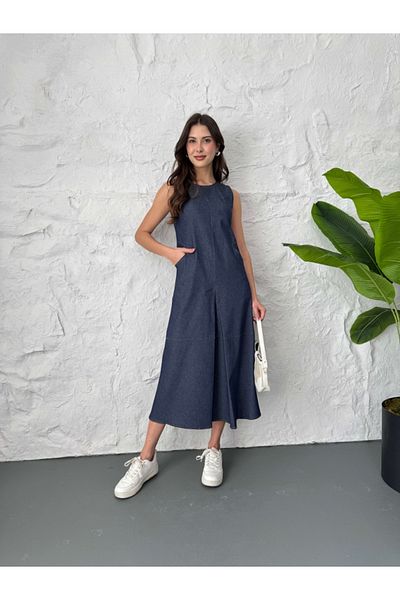 Elif Özbey Butik Rochie din denim plisată în față bleumarin