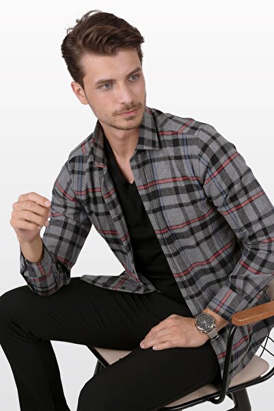 Etikmen Ανδρικό πουκάμισο Smoked Red Line Slimfit Lumberjack