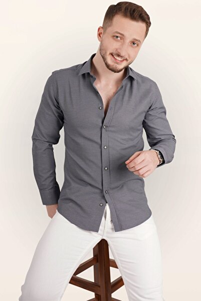 Etikmen Ανδρικό πουκάμισο Slimfit με μοτίβο καπνιστού Dobby