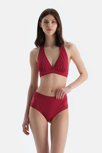 Dagi Burgundy Tulle Detailed High Waist Bikini Bottom