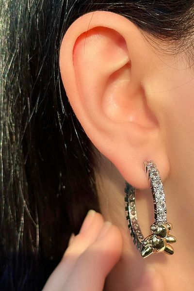TAKIŞTIR Silver and Gold Color Teddy Bear Figured Stone Detailed Hoop Earrings (Pair)