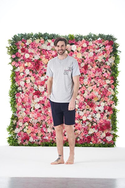 Estiva Men's Summer Ny Printed Short Sleeve Button Shorts Combed Cotton Pajama Set