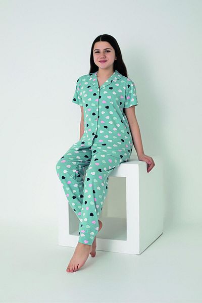 Estiva Girl's Heart Patterned Short Sleeve Front Buttoned Combed Cotton Lycra Pajama Set