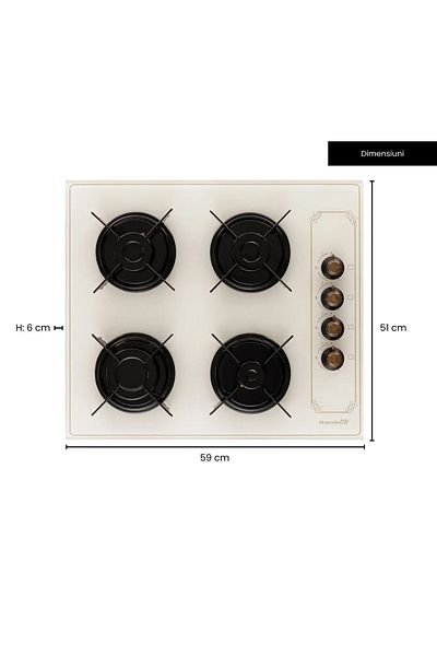 Hausberg Plita Incorporabila Rustica Hausberg HB-570, 4 arzatoare, Gaz, 60 cm, Bej