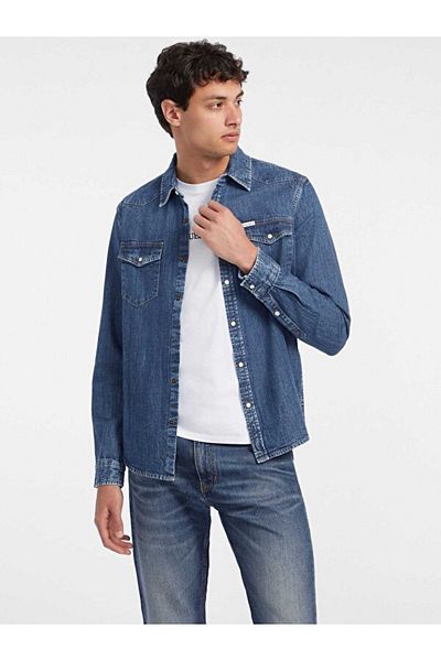 Guess Jeans Gj Slim Ls Denim Shı Cămașă albastră pentru bărbați M4yh55d5eı1-gjrw