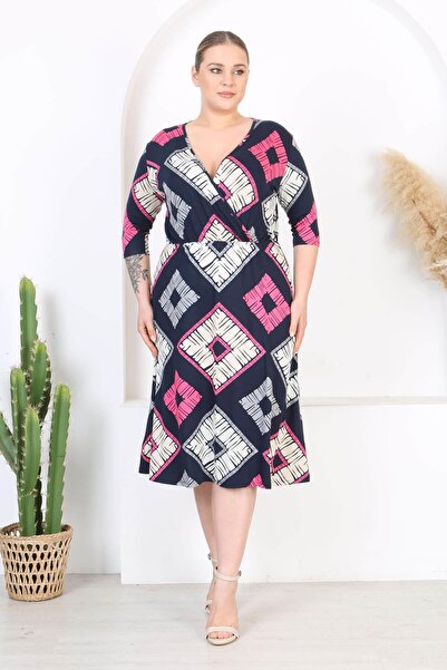 Madwilo Γυναικείο φόρεμα με γεωμετρικό σχέδιο με διπλό στήθος, ελαστική μέση, μπλε ναυτικό ροζ