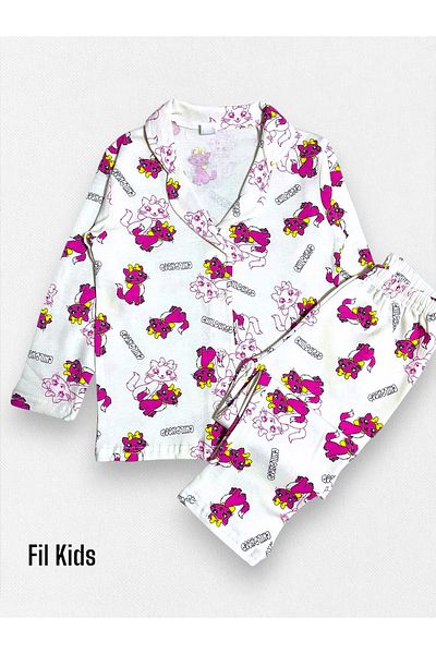 Fil Kids Girl's 100% Cotton Ecru Cute Cat Patterned Shirt Collar Buttoned Winter Pajama Set