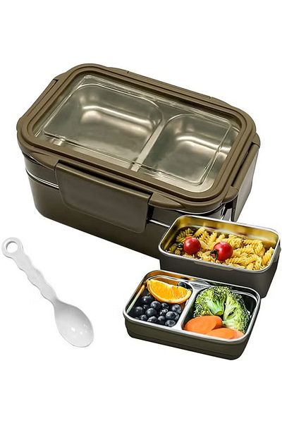 COOYA Lunch Box, Reusable, Stainless Steel, Leakproof, 2 Layers Divders,Suitable Microwave Ovens Heating