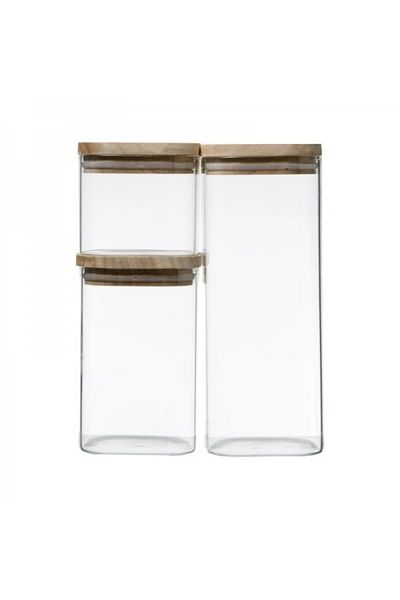 FİVE Set of 3 glass containers with wooden lids, Hermet