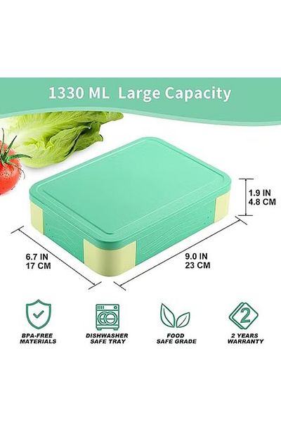 COOYA Lunch Box, 1300 ml BPA-Free, Leak-proof with 5 Compartments, Microwave/Dishwasher Safe, Green-yellow