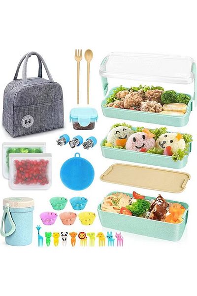 COOYA Bento Lunch Box, 27Pcs Lunch Box Accessories3 Layer Lunch Container for Kids, Adult(Green)