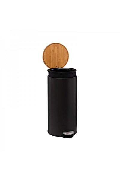 FİVE Metal waste bin with bamboo lid and pedal, Modern Black, 30 liters