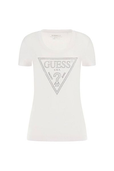 Guess Tricou alb cu logo triunghi strălucitor pentru femei