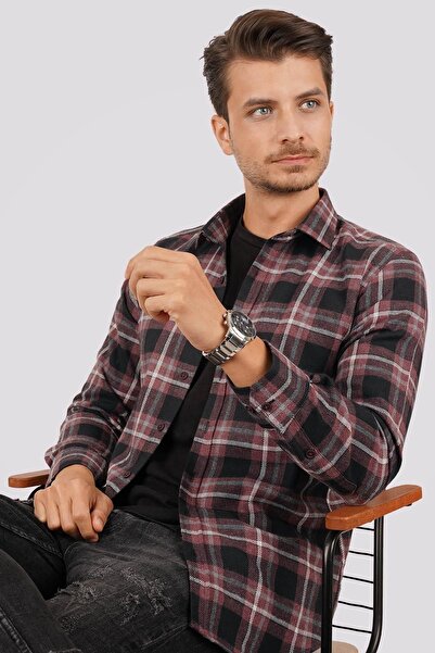 Etikmen Claret Red and White Striped Slimfit Lumberjack Shirt with Gift Box