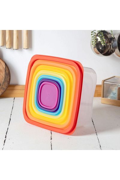 Layrol Set of 7 Colorful Square Food Storage Containers - Suitable for Microwave and Deep Freezer
