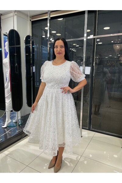 fevzuss Sim Baskı Beyaz Midi Boy Büyük Beden Abiye