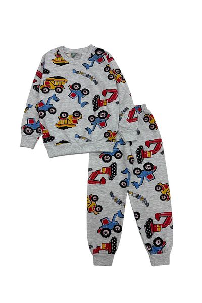 Şekerkids Boys' Cotton Seasonal Gray Scoop Pattern Long Sleeve Pajama Set