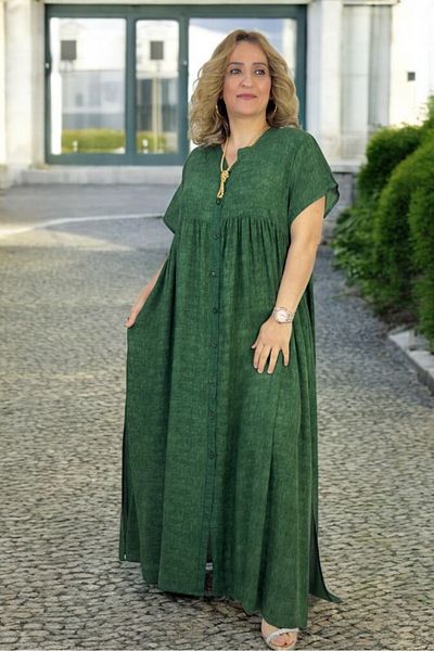 yagmurberen Front to Back Button Slit Cotton Viscose Robes Large Size Flare Dress