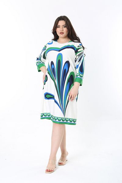 Şans Rochie cu imprimeu cu mâneci Capri, albastru, cu gâtul turn, mărime mare, pentru femei 65N38834