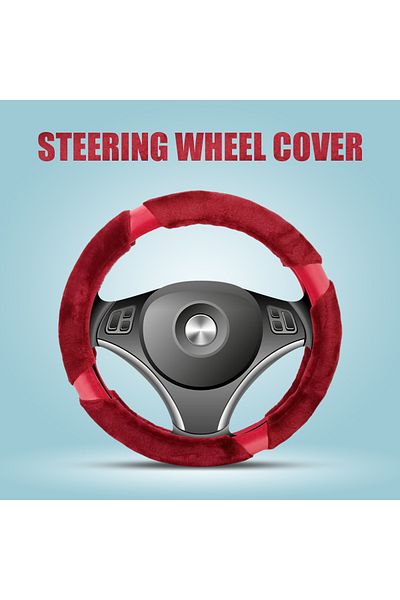 AGC Fluffy Steering Wheel Cover Smooth Fur Premium Car Steering Cover Size Medium 38cm Red