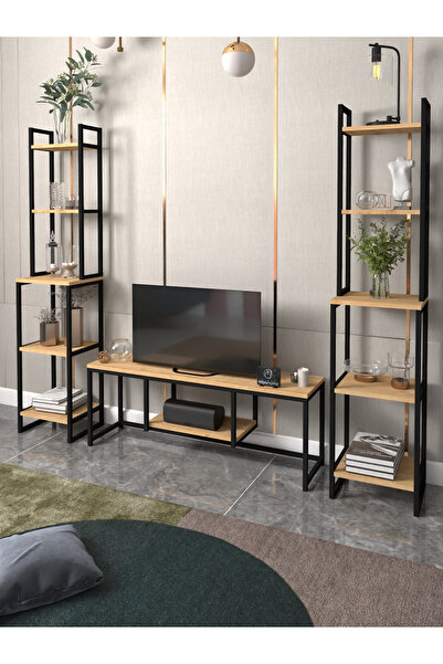 moniev Bade TV Ünitesi Yaşam Ünitesi Seti Metal Kitaplıklı Dekoratif TV Ünitesi Çok Amaçlı 3'lü Set Safir