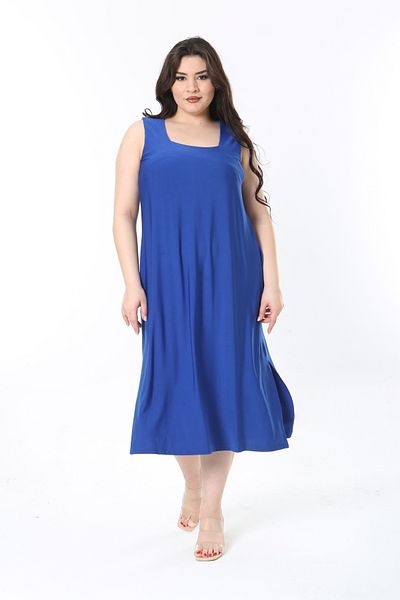 Şans Women's Large Size Saks Square Collar Relaxed Cut Buzy Fabric Dress 65N38851