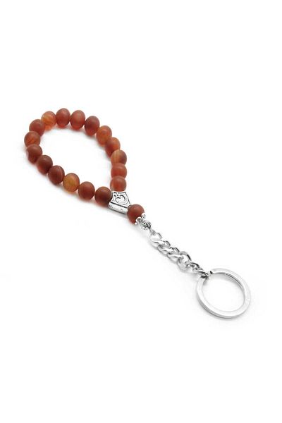 Tesbihane Natural Stone-Chrome Steel Rosary Keychain - Matte Agate
