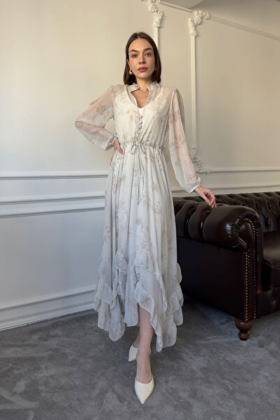 MAGARDE فستان شيفون طويل بأزرار - ECRU