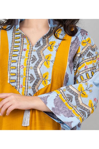 IKKXA Embroidered Solid Jalabiya with Stylish Mandarin Collar