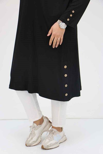 Eslina 38015 Large Size Button Detailed Jersey Tunic - Black
