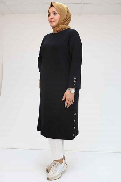 Eslina 38015 Large Size Button Detailed Jersey Tunic - Black