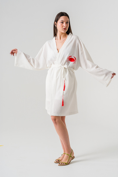 Galistore Kimono Şort takım Narçiçeği yengeç Nakışlı beyaz keten