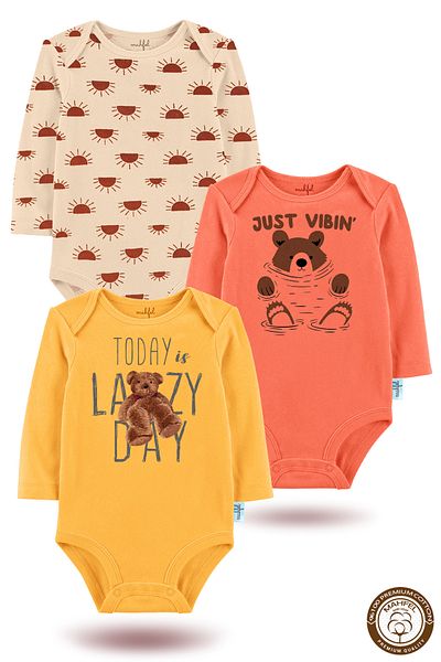 MAHFEL Organic "Little and Cute" Printed Long Sleeve Baby Bodysuit with Snap Fasteners