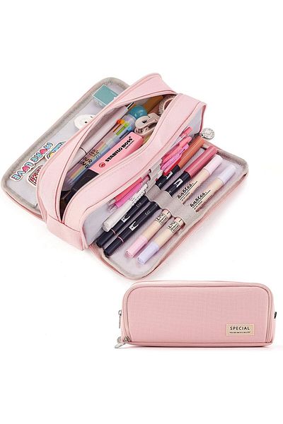 erorex Large Capacity Pencil Case 3 Compartment Pouch Pen Bag For School Teen Girl Boy Men Women Pink