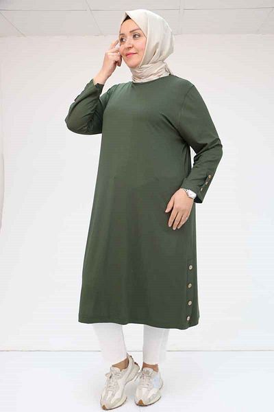 Eslina 38015 Large Size Button Detailed Combed Cotton Tunic - Khaki