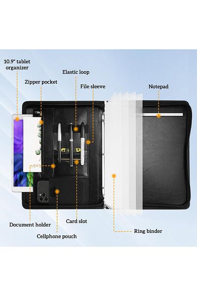 erorex Portfolio 3 Ring Padfolio Folder Organizer Pu Leather Business Planner A4 Notepad Zipper File
