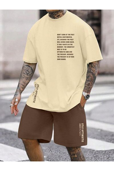 PENTHİLUS Tricou pentru bărbați cu 2 piese, cu imprimeu grafic și text, pantaloni scurți cu șireturi în talie