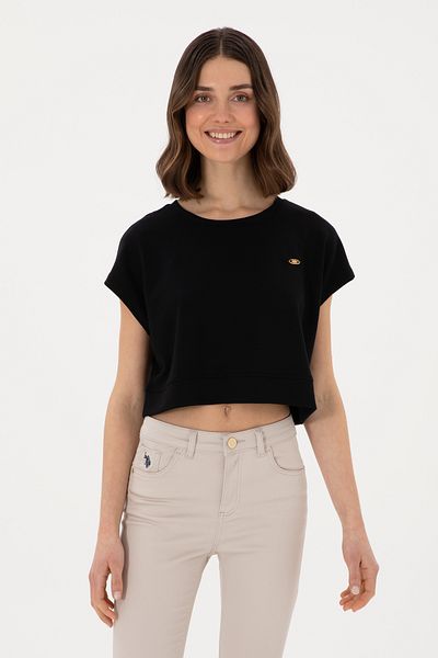 U.S. Polo Assn. Tricou negru pentru femei, cu decolteu, 50305682-VR046
