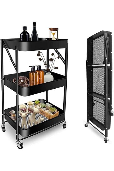 erorex Foldable 3 Tier Metal Utility Rolling Cart Folding Mobile Multi Function Storage Trolley Organizer