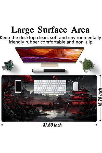 erorex حصيرة مكتب يابانية Riverside Full Moon Desk Pad أسود أحمر كبير ماوس لوحة ماوس ألعاب ممتدة