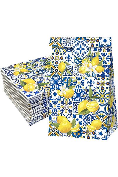 erorex Capri Lemon Print Party Favor Bags 24 Pcs Kraft Paper Gift Bags Blue Tiles Yellow Lemon Goodie