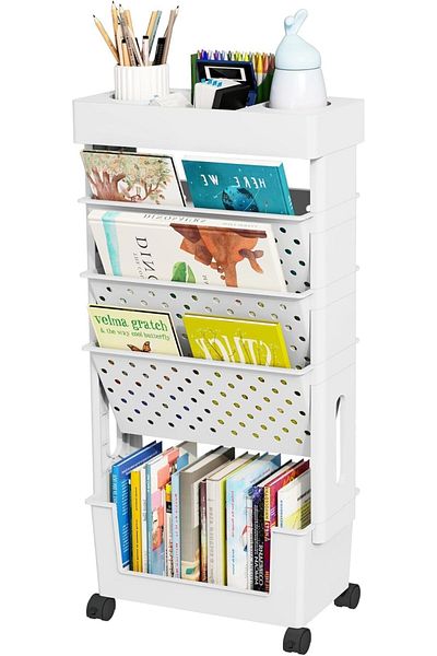 erorex 5 Tier Mobile Bookshelf Rolling Bookcase Book Storage Rack Movable File Folder Organizer Cart With