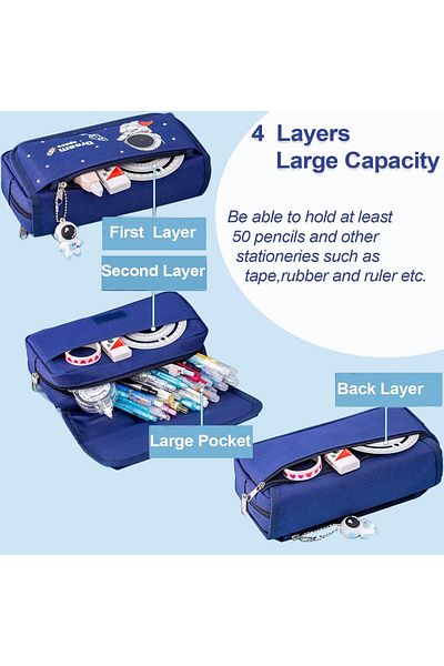 erorex Pencil Case For Boys Cartoon Pencil Pouch 4 Layers Large Capacity Pen Case For Student Blue Pencil
