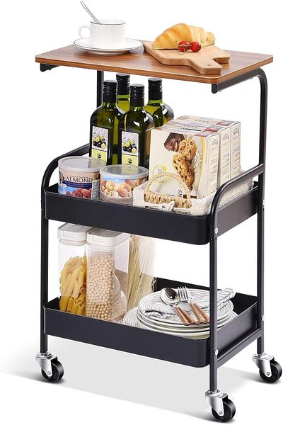 erorex 3 Tier Foldable Rolling Utility Cart Organizer Metal Storage Cart With Wooden Tabletop Trolley
