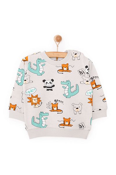 ebebek Hello Baby Hellobaby Baby Boy Sweatshirt Raised Dinosaur Pattern Snap Fastener Crew Neck Long Sleeve