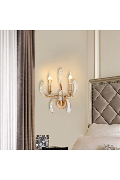 Apliqa Ronja 2'li Bakır Eskitme Kristal Taşlı Yatak Başı, Salon Aplik